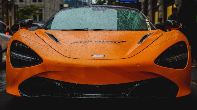 Close up front view of a Mclaren sports car.