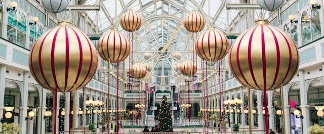 A shopping mall with christmas decorations.