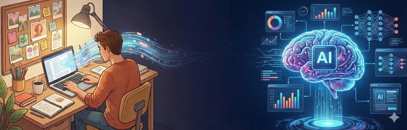 A content marketer works at his laptop, while an AI system works alongside him.